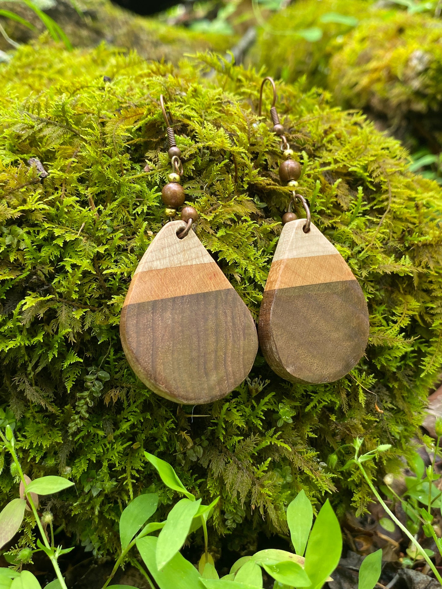 Striped wooden earrings hanging from moss