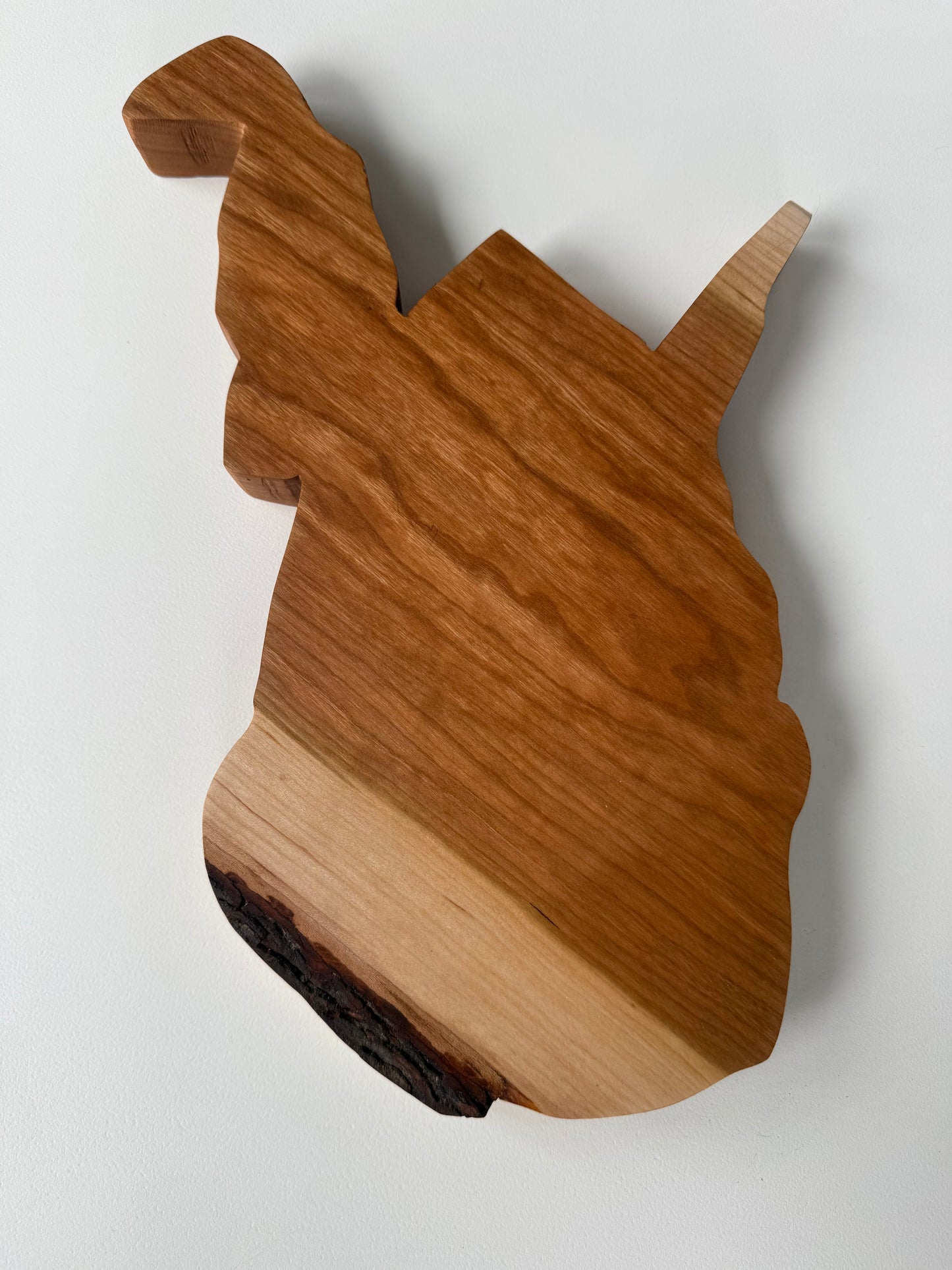 West Virginia shaped charcuterie board. Back side view.