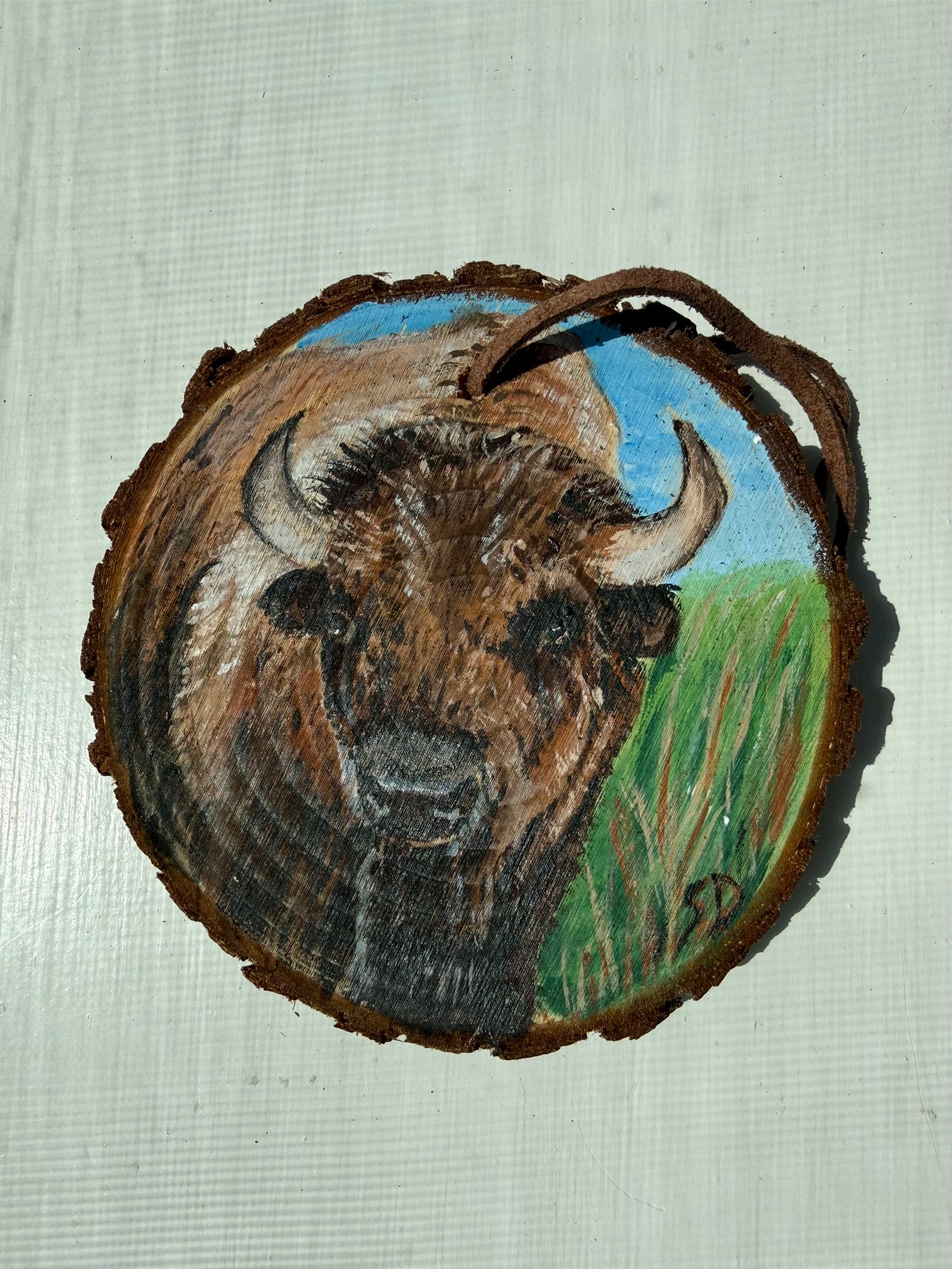 Painting of a bison on a wooden ornament with a natural background