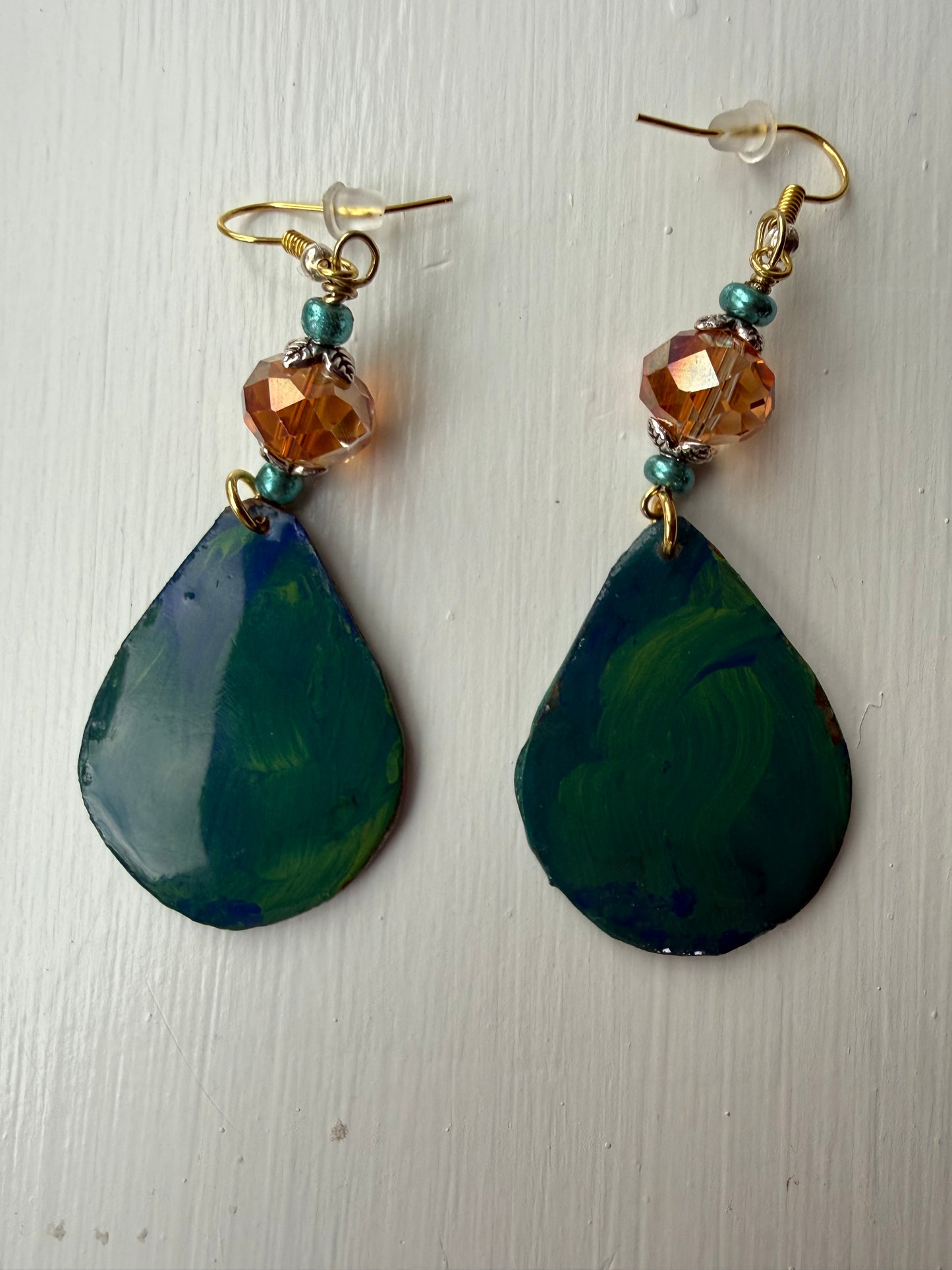 Green teardrop earrings with gold and teal beads 