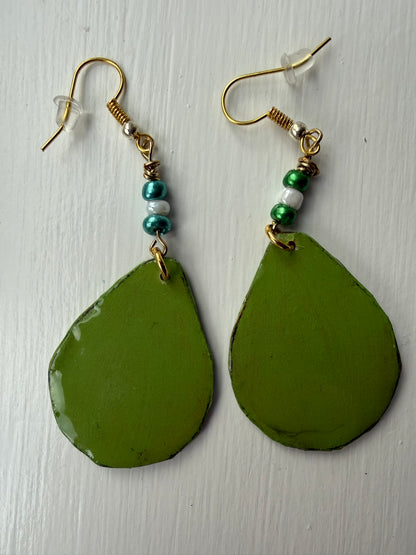 Green teardrop earrings with gold and beaded accents 