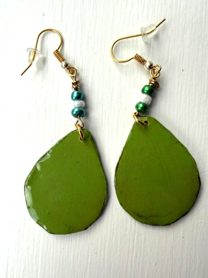 Green teardrop earrings with gold and beaded accents 