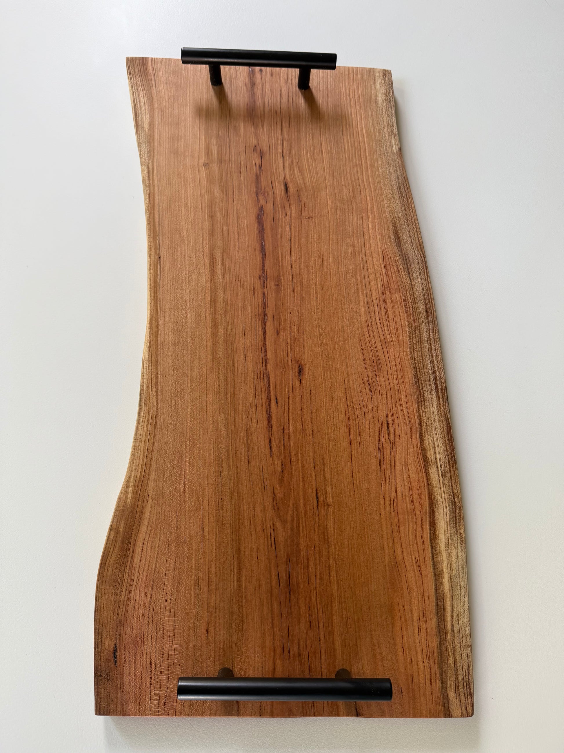 Spalted cherry charcuterie board with black handles