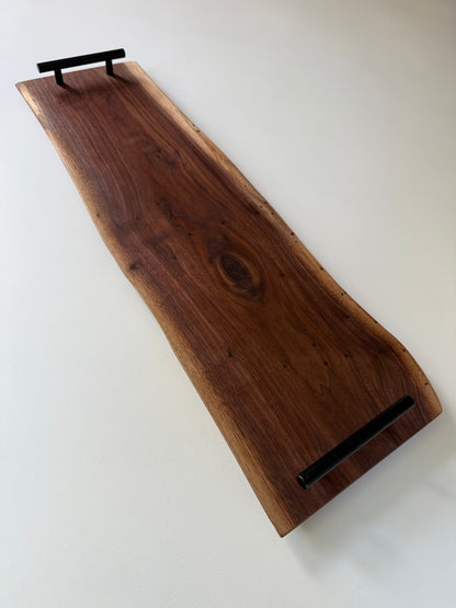 Spalted walnut charcuterie board with black handles 