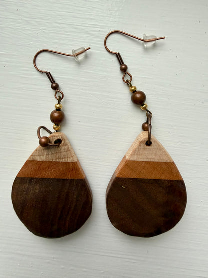 Striped wooden earrings on a white background